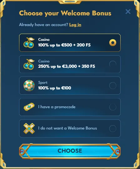 Casea Casino welkomstbonus kiezen bij registratie