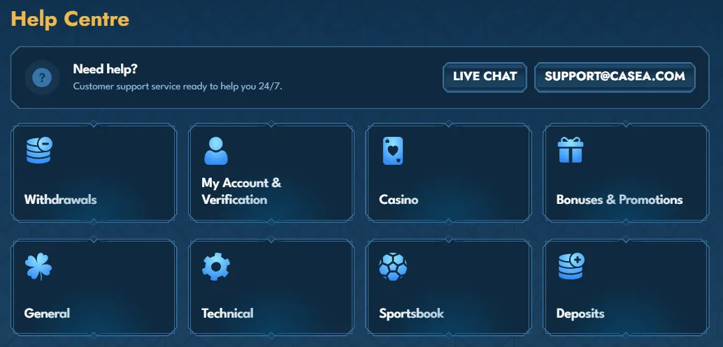 Casea Casino helpcentrum en live chat