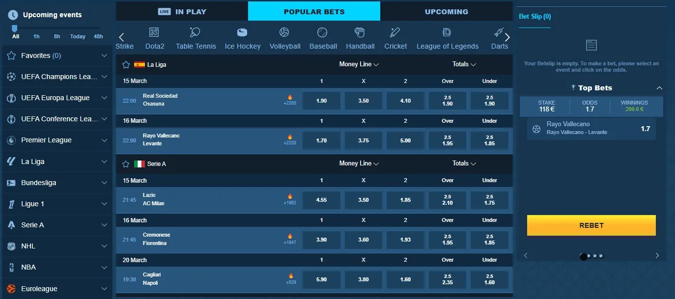 Casea Casino sportsbook lobby met competities en odds